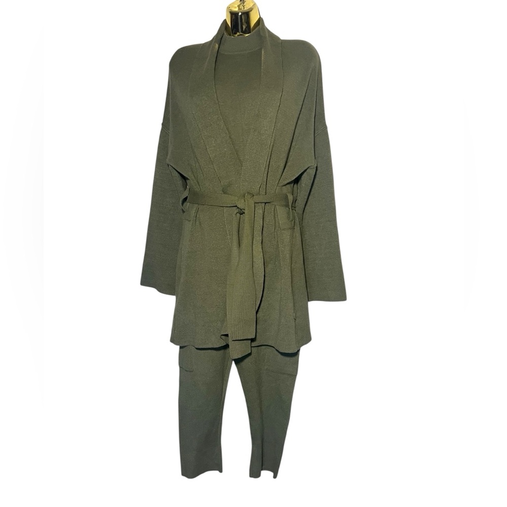Ellor Olive Green Knit 3pcCardigan and Pants Set S